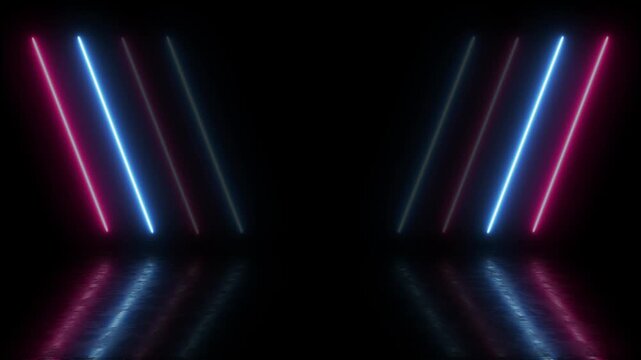 Neon laser light show with glowing pink and blue beams on reflective dark floor background