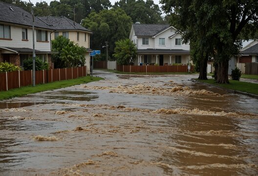 An overflowing river floods nearby streets as heavy rainfall raises water levels across the surrounding community
