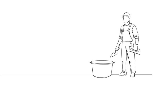 animated continuous line drawing of male plasterer or bricklayer holding trowel and float tool next to a mortar tub, line art animation