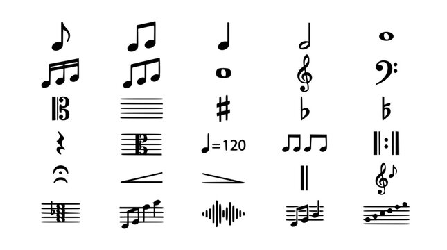 Music Notation Icon Set with Notes, Clefs, Sharp, Flat, Tempo, Staff Lines, and Sound Wave Vector Symbols Collection