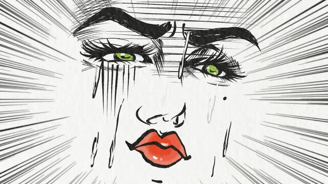 焦って冷や汗が止まらないオネエの顔ドアップ、ヴィンテージアメコミ風アニメ