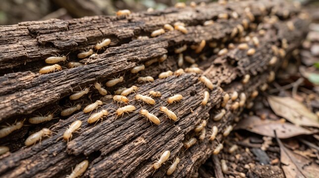 Close up of termites crawling on decaying wood in forest habitat