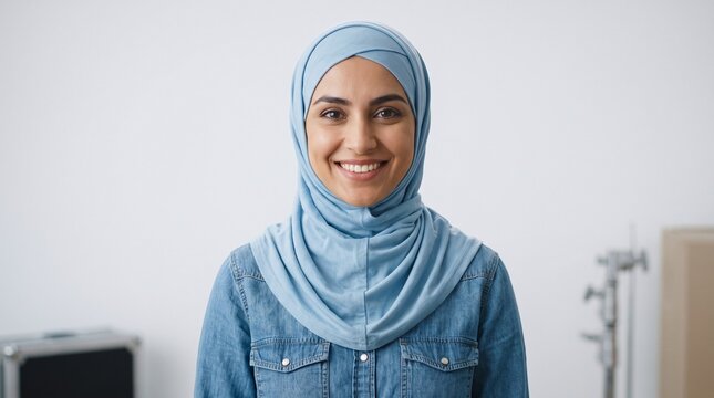 Smiling woman in blue hijab and denim shirt in bright studio