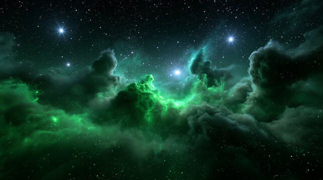 Vibrant Green Nebula and Bright Stars in Outer Space