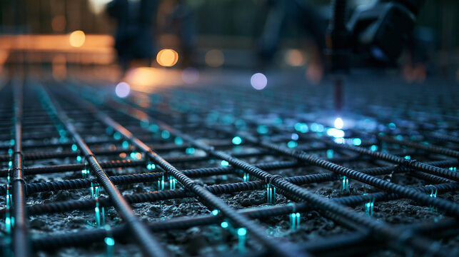 Steel Rebar Grid with Glowing Lights on Construction Site