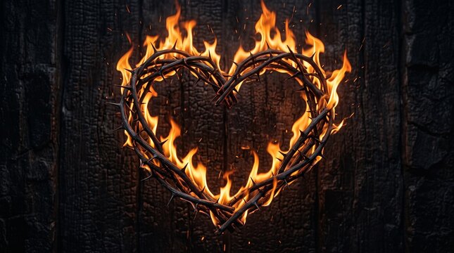 Flaming heart shape made of twigs against dark wooden background