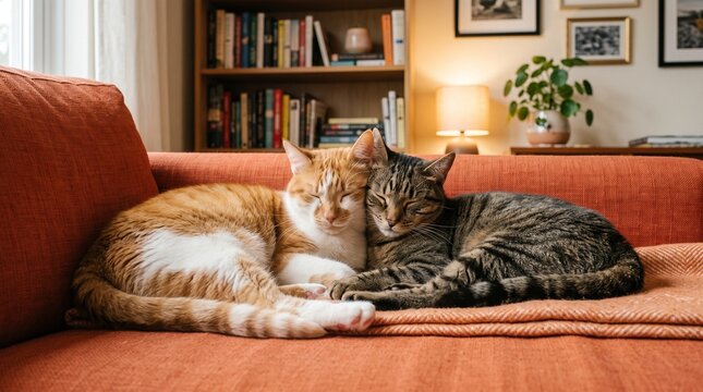 Two adorable cats snuggling on a comfortable sofa in a warm living room