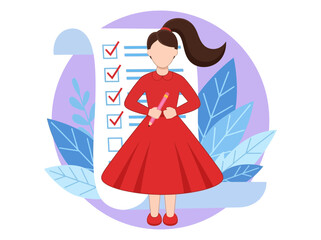 Fototapeta premium Woman in Red Dress with Large Checklist and Pencil Illustration