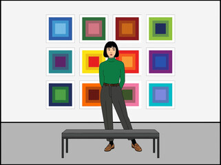 Woman Standing in Art Gallery with Colorful Geometric Abstract Paintings Illustration