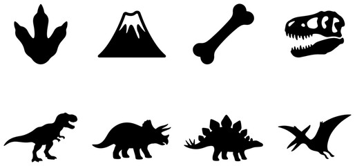 Dinosaur Icons Set, Prehistoric Vector Graphics: Dinosaur Footprint, Volcano, Bone, Skull, T-Rex, Triceratops, Stegosaurus, Pterodactyl © Nusrat