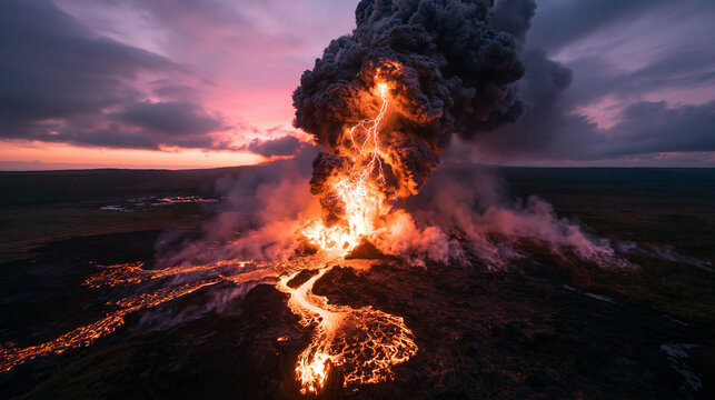 Volcanic Eruption with Lava Flow and Lightning at Dusk