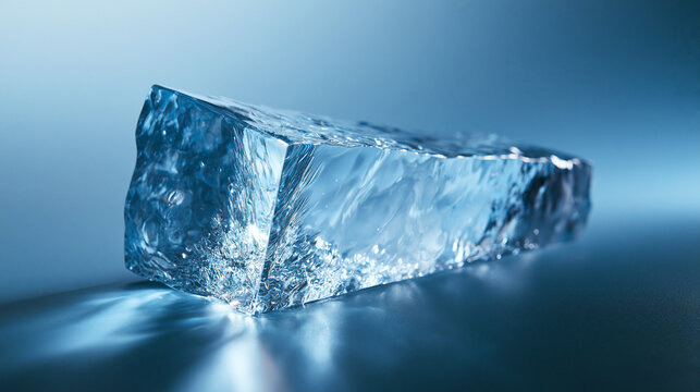 Crystal Clear Block of Ice on Dark Blue Surface