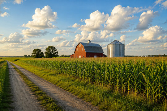 Corn field leading to red barn and silo, American farm and agriculture concept