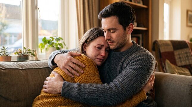 Emotional support concept with man comforting crying woman in warm home setting emphasizing empathy grief and mental health