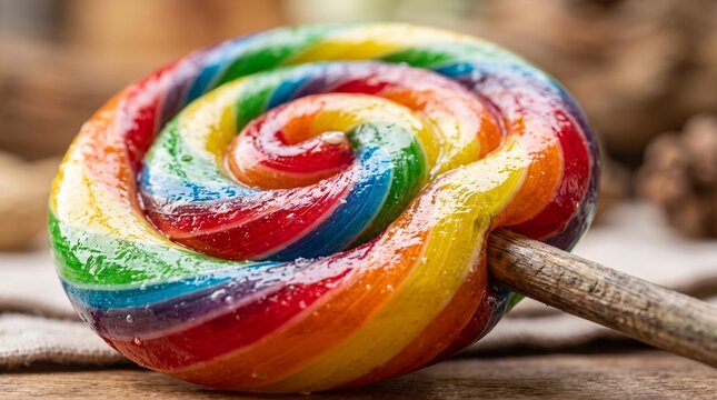 Vibrant rainbow swirl lollipop on wooden stick macro photography closeup with soft bokeh background for candy marketing and sweets