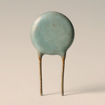 Aged ceramic disc capacitor part isolated against neutral background