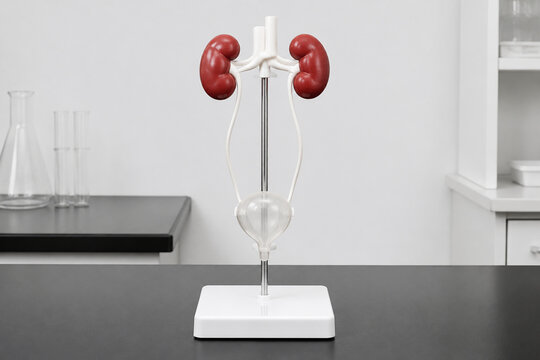 Anatomical model of human urinary system on stand, kidneys ureters bladder, medical education