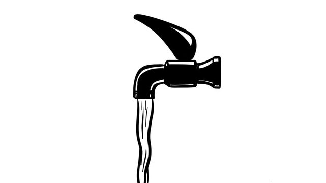 Animated monochrome water tap with flowing water, black and white line art icon