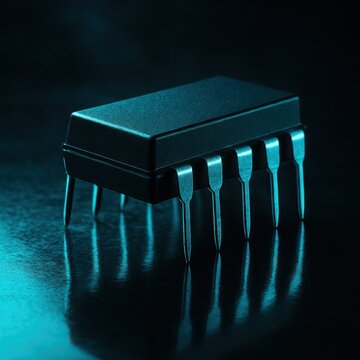 Integrated circuit microchip standing on reflective surface with dramatic lighting