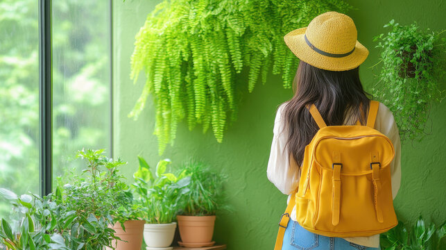 Woman in straw hat with yellow backpack looking at lush green plants on balcony, enjoying nature