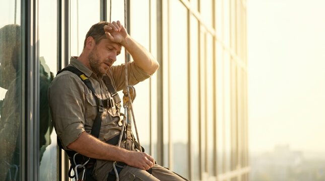 Exhausted high-rise worker wiping sweat from his forehead while resting on a building ledge. Tired man in a safety harness taking a break in the summer heat. Heat suffering concept