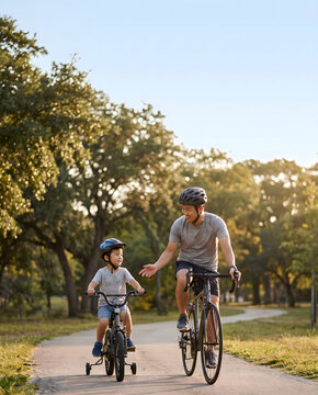 Asian father and son cycling in park.