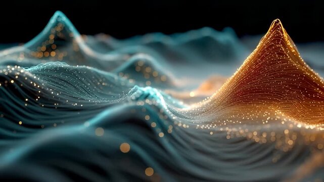 Abstract 3D digital landscape with glowing data networks, perfect for futuristic technology backgrounds.