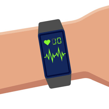 Fitness tracker smart watch on wrist showing heart rate monitor screen