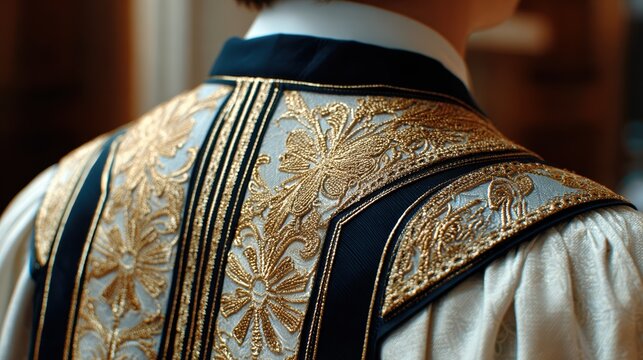 Over the shoulder view of priest in gold embroidered vestment. Detail of ornate liturgical garment. Christian clergy back view