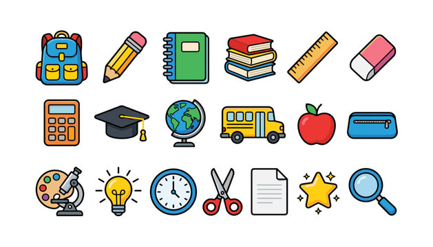 Back to School Education Vector Icon Set for Elementary School Supplies and Student Stationery