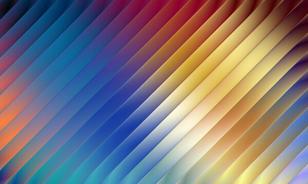 Vibrant abstract background features diagonal glossy metallic bars with smooth gradients of golden yellow deep blue and sunset orange colors creating a modern geometric pattern