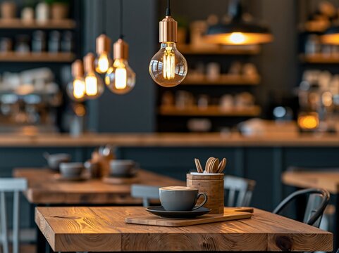 Coffee cups sit on wooden tables in a cafe with dim lights and shelves full of kitchen items