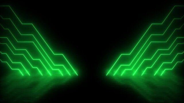 Neon green geometric circuit lines abstract background, futuristic digital technology motion cyberpunk glowing light pattern for gaming and tech presentations