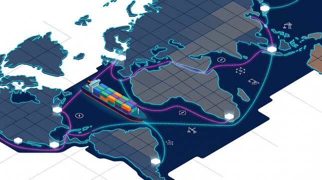 Isometric cargo logistics infographic with global shipping routes and distribution hubs map