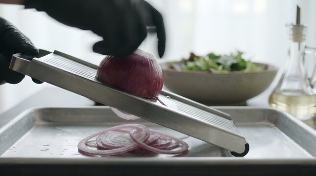 Chef in black gloves slicing red onion with a mandoline slicer on a baking sheet.