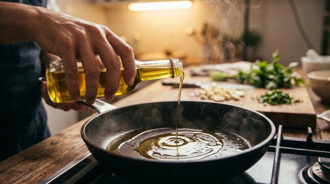 Close up of a person pouring cooking oil from a bottle into a hot frying pan on a stove in a kitchen.