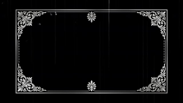 Vintage silent movie title card overlay with ornate silver border. Old 1920s film scratch effect retro cinema frame background. Antique decorative classic motion picture grunge loop animation element