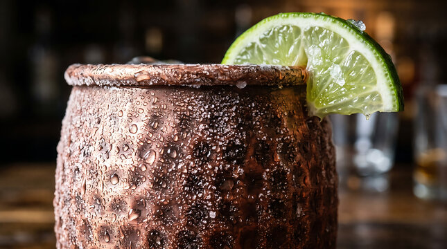 Ice Cold Moscow Mule Cocktail in Frosted Copper Mug Garnished with Fresh Lime Slice Close-Up