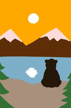  illustration of a mountain landscape with grizzly bear