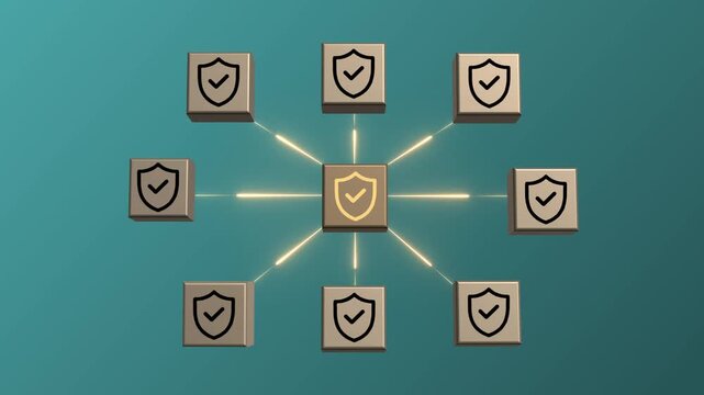 Cybersecurity network concept: centralized data protection and digital security infrastructure with connected shield