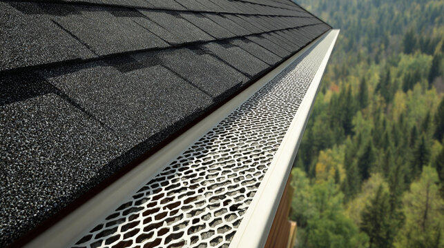 Gutter Guard Installed On Residential Asphalt Shingle Roof Protection System Close Up View

