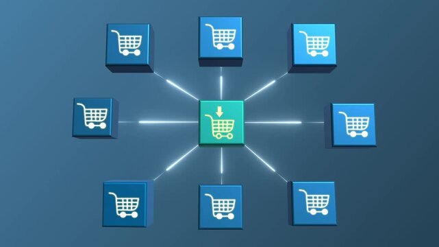 E-commerce network concept with connected shopping cart and central data hub animation online shopping