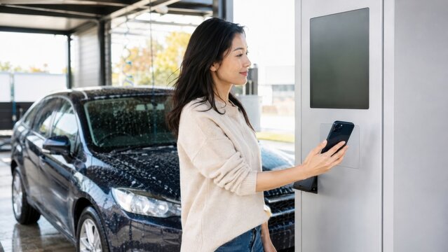 Woman using smartphone to activate self-service car wash station with a black sedan parked in the background under a covered area