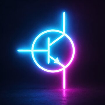 Glowing neon bipolar transistor schematic symbol in electric cyan and magenta