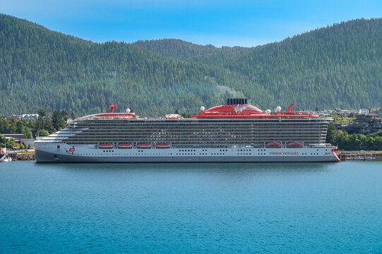 Prince Rupert, Canada - July 21, 2026: Side View of Virgin Voyages Brilliant Lady Cruise Ship Docked at Port of Prince Rupert, British Columbia