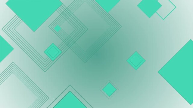 Abstract mint green geometric motion background, with floating squares, and linear patterns, for modern digital, presentations and tech branding
