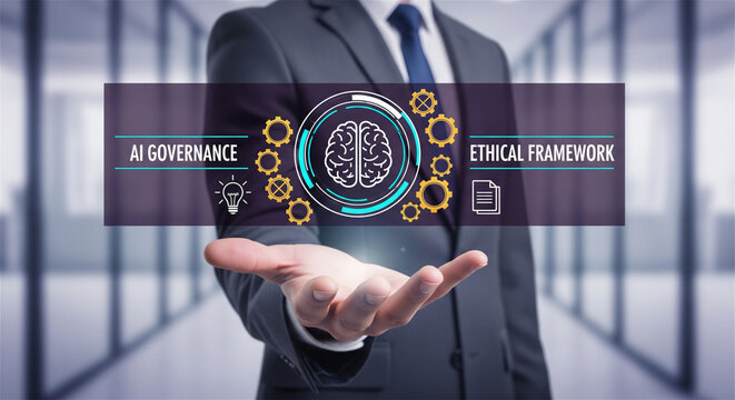 AI governance concept, businessman presenting ethical framework for artificial intelligence