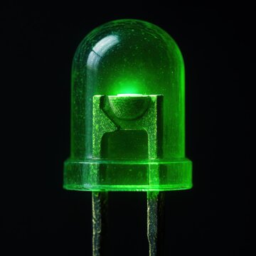Dome shaped diode radiating emerald light in total darkness