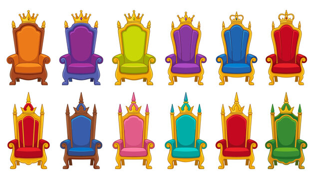 Colorful royal chair icons set with gold frames and velvet cushions for fairytale monarchy empire authority leadership luxury and cartoon game assets