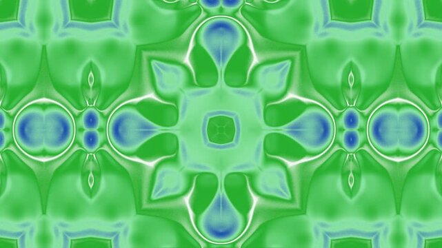 Abstract digital background with a symmetrical green and blue kaleidoscope pattern.